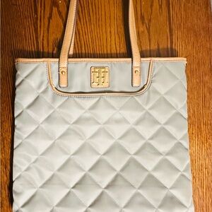 Tommy Hilfiger Quilted Light Gray Tote with Tan Trim